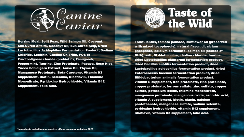 List of Ingredients for Taste of the Wils and Canine Caviar products